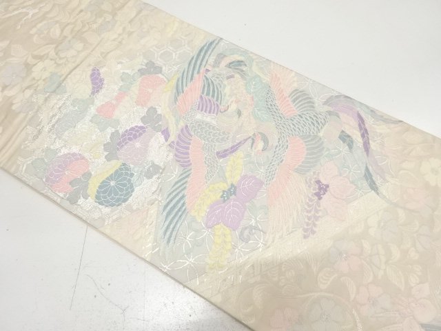 アンティーク　鳳凰に鴛鴦・桐・菊模様織り出し袋帯（材料）